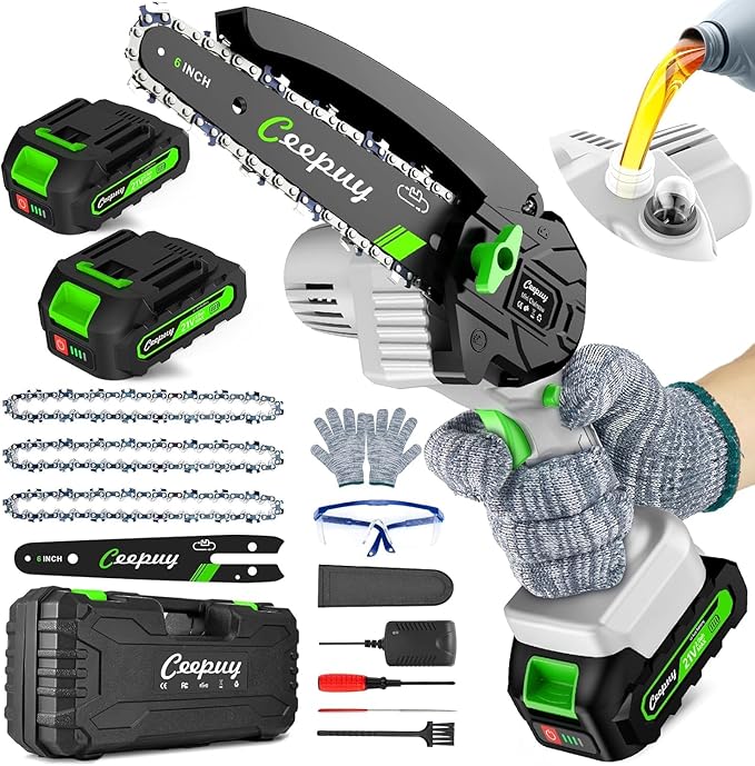 CEEPUY Mini Chainsaw Cordless,6 Inch Portable Electric Chainsaw with 2 Batterys/Automatic Oiler/Security Lock/Powered Small Handheld Saw for Trees Branches Trimming,Gifts for Father Men Dad Husband