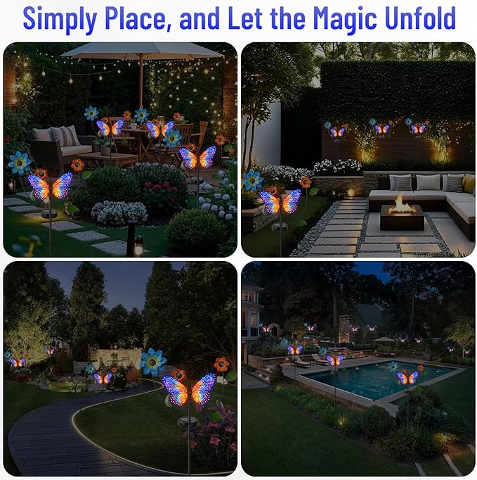 Solar Butterfly Garden Lights, 2 Lighting Modes, Colorful LED with Flower & Butterfly Decor, Waterproof Solar Stake Lights for Garden Yard Patio Lawn Pathway (Yellow)