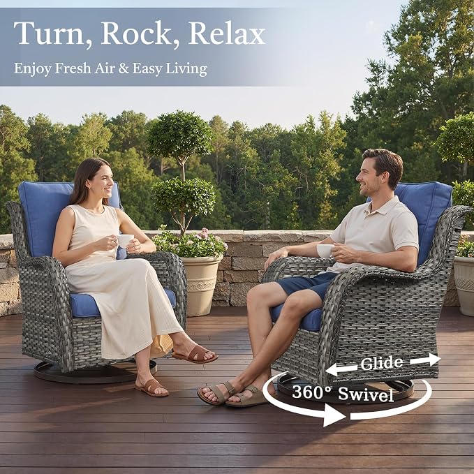Wicker Patio Furniture Set- 4 Pieces Outdoor Swivel Rocker Chairs with 50,000 BTU Fire Pit Table,PE Rattan Outdoor Conversation Set for Garden Porch Deck