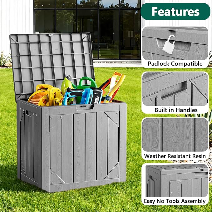 Outdoor Storage Box, 31 Gallon Lockable Waterproof Deck Storage Box, Yard Storage Bin, Suitable for Gardens, Gray