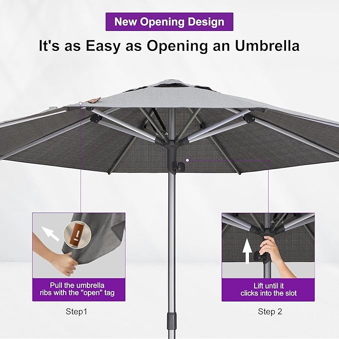 PURPLE LEAF 9 FT Semi-Auto Outdoor Patio Umbrella Market Table Sun Umbrellas with 8 Aluminum Sturdy Ribs for Backyard Deck Garden Pool (Silver Pole Gray Canopy)