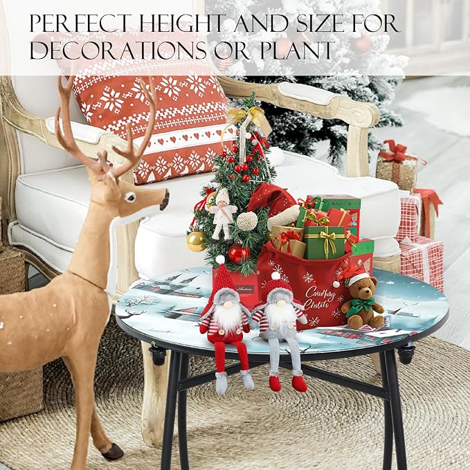 21 Inch Tall Metal Side Table, Unique Christmas Tabletop with Metal Frame, Round End Bedside Table Accent Table for Bedroom Patio Yard Porch Balcony Garden