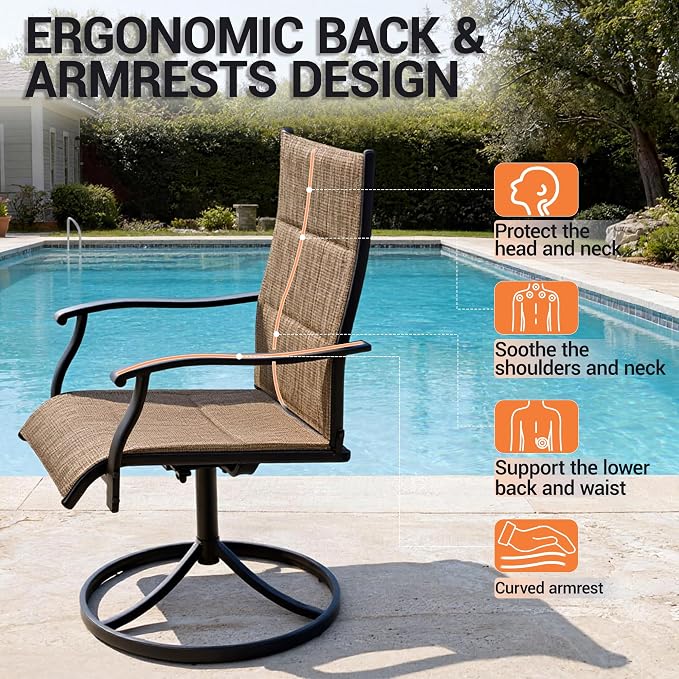 Patio Swivel Rocker Chairs Set of 2, Outdoor Dining Chairs High Back,15° Gentle Rocking Patio Chair with Padded Textilene, Metal Frame for Poolside Lawn Garden,Brown(2 PCS)