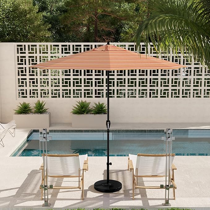 California Umbrella 12-Year Protection 9' Rd Aluminum Patio Umbrella, Crank Lift, Auto Tilt, Black Finish, Sunbrella Dolce Mango