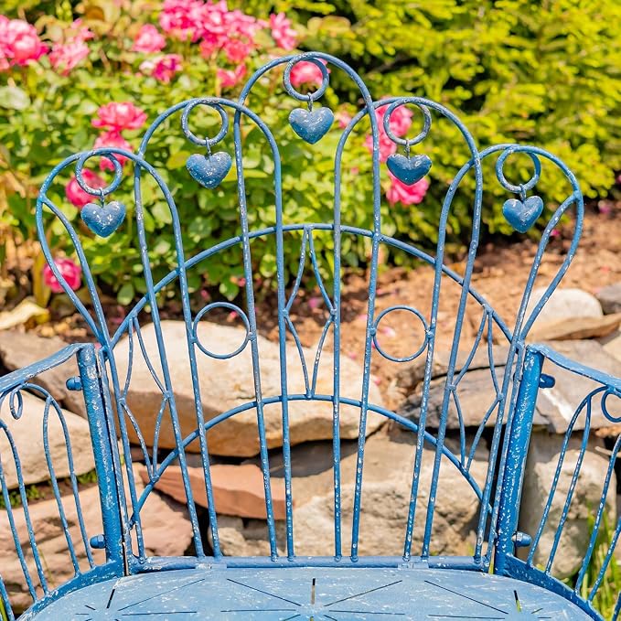 Zaer Ltd. Vintage Style Metal Patio Furniture with Heart Design Accents, Outdoor/Indoor Decor (Vintage Blue, Arm Chair)