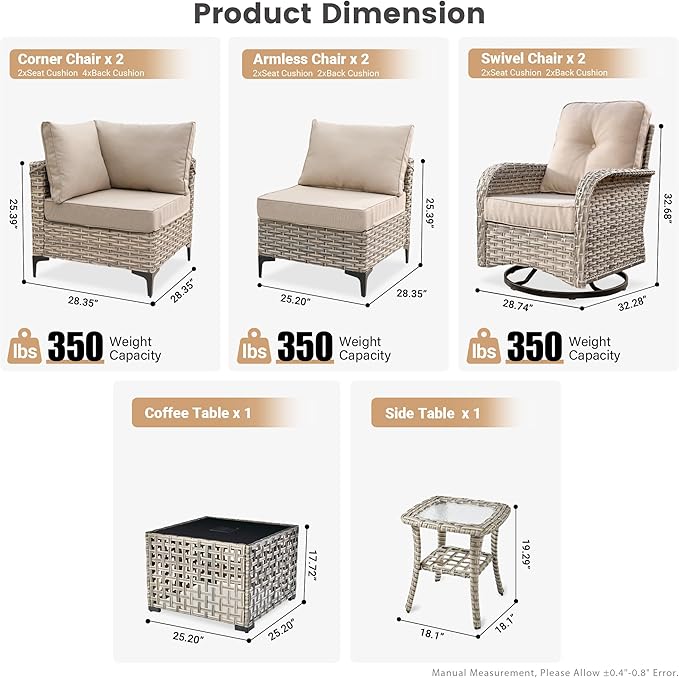 Outdoor Patio Furniture Sets, 8 PCS Patio Conversation Set Outside Rattan Sectional Sofa with Wicker Rocking Chairs Coffee Table Soft Cushion Fit Backyard Porch Garden Poolside Balcony