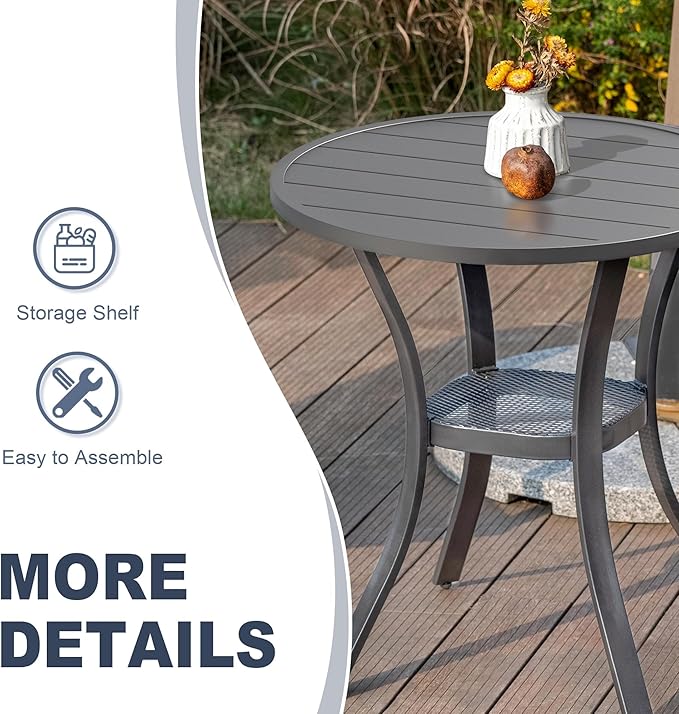 VICLLAX Patio 3 Pieces Outdoor Bistro Table Set, Wrought Iron Metal Furniture with 28" Round Table and 2 Stackable Chairs, Patio Dining Set for Patio, Lawn, Garden, Porch, Dark Grey/Grey