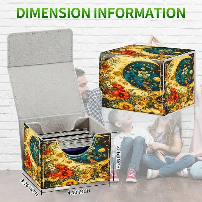 Card Deck Box for MTG, Cards Storage Box Fits 120+ Sleeved, Leather Small Size Strong Magnetic Closing Card Case for Board Games Magic TCG CCG Baseball Collection, Flower Big Moon