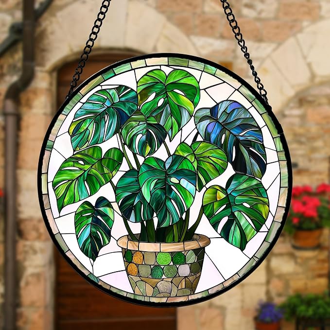 DASTOLL Stained Glass Window Hanging, Green Plant Monstera t Suncatcher Diamond Colorful Glass Panel Sun Catchers Decor for Birthday for Women, Men, Wife, Aunt, and Mom 7.8 in