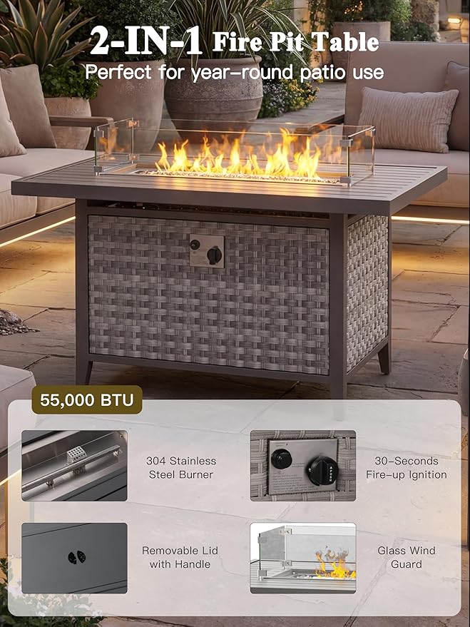 13-Piece Outdoor Conversation Set with 43" Fire Pit Table, 8 Swivel Rocking Chairs (4" Cushions) & 4 Side Tables, All-Weather PE Rattan & Steel Frame for Porch, Deck, Backyard, Blue