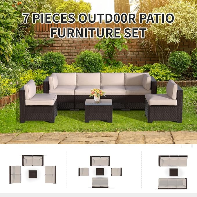 7 Piece Patio Furniture Set, Wicker Patio Conversation Sets, Outdoor Sectional Furniture with Tempered Glass Table, for Backyard, Deck, Garden, Dark Brown Rattan & Khaki Cushions