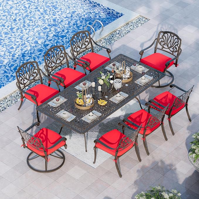 Grepatio 9 Piece Cast Aluminum Patio Furniture Set Outdoor Dining Set Bistro Furniture Set with 6 Chairs 2 Swivel and Dining Table with Umbrella Hole, 8 Cushions for Backyard Garden (Red)