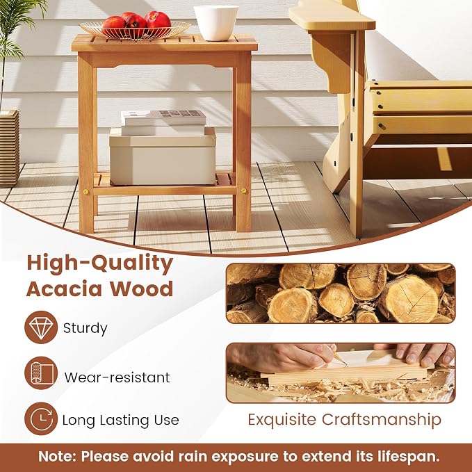 HAPPYGRILL Acacia Wood Patio Side Table, 2-Tier Accent Table with Slatted Tabletop & Storage Shelf, Wooden End Table for Living Room Poolside Balcony Porch (2)