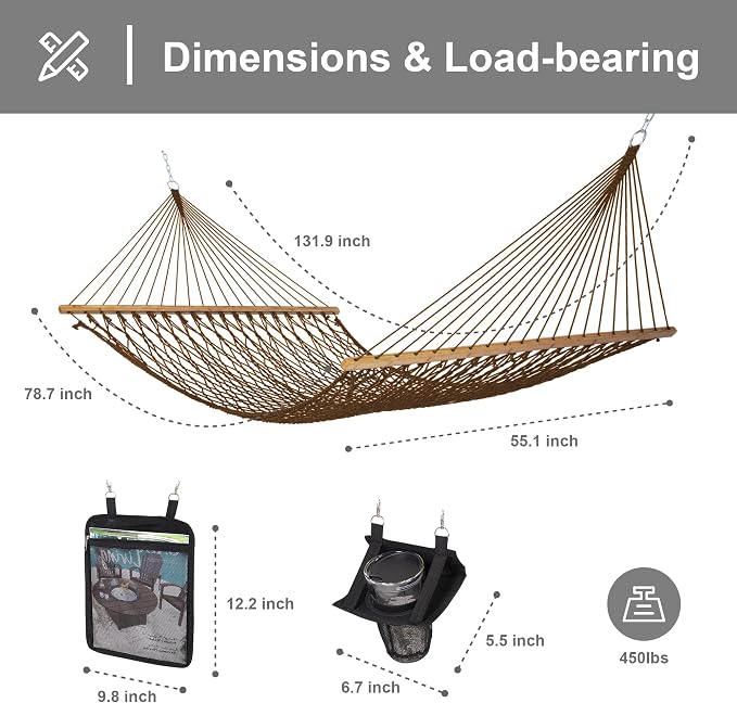 SUNCREAT Double Outdoor Hammock, Polyester Rope Hammock and Detachable Large Pillow, 450 lbs Capacity