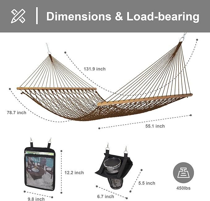 SUNCREAT Double Outdoor Hammock, Polyester Rope Hammock and Detachable Large Pillow, 450 lbs Capacity