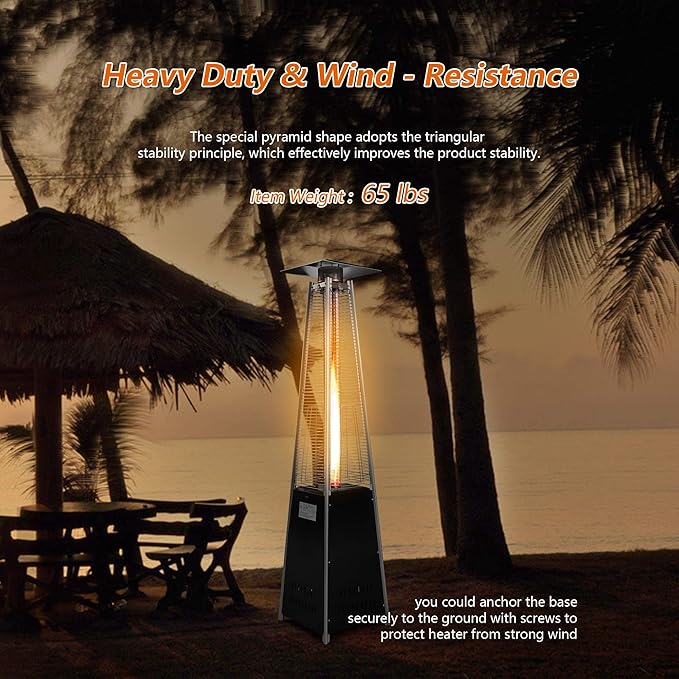 LUCKYERMORE Pyramid Patio Heater Outdoor, 42,000 BTU Wind-Resistance Quartz Glass Tube Flame Heater with Wheels Propane, Black