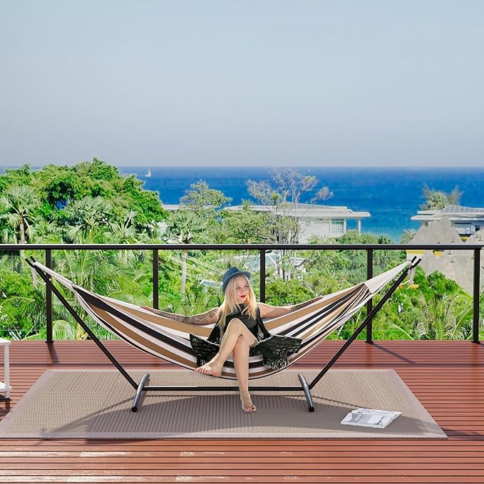 IDEALHOUSE 2 Person Double Hammock with Heavy Duty Steel Stand - 450lbs Capacity Cotton Bed - Portable & Space-Saving - Indoor Outdoor Patio Camping Garden - Includes Carry Bag - Brown