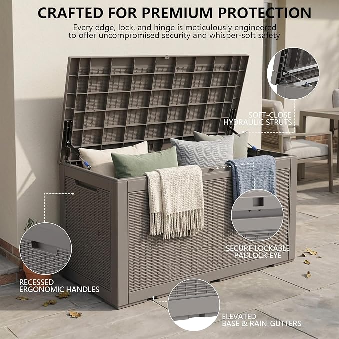 Outdoor Storage Box, 110 Gallon Waterproof Deck Box [Upgraded 3.0], Auto-Open Gas Struts Resin Organizer for Lounger Pillows, Secure Lockable Backyard Storage Bench, Poolside Deck, Grey