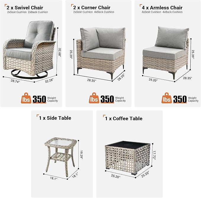 10 Pieces Wicker Patio Furniture Set,Outdoor Sectional Sofa with Swivel Chairs Coffee Table,Outside Deep Seat Rattan Couch Conversation Set,Dark Grey