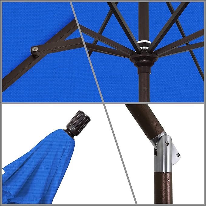 California Umbrella 9' Round Aluminum Market Umbrella, Crank Lift, Collar Tilt, Bronze Pole, Royal Blue Olefin