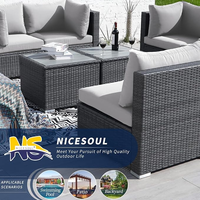 NICESOUL Modern Luxury Outdoor Side Table Set of 2, All-Weather Large Size Grey Wicker Patio End Tables, Gray Rattan Coffee Table Modular Patio Furniture Piece for Lawn, Outside, Porch, Exterior, Deck
