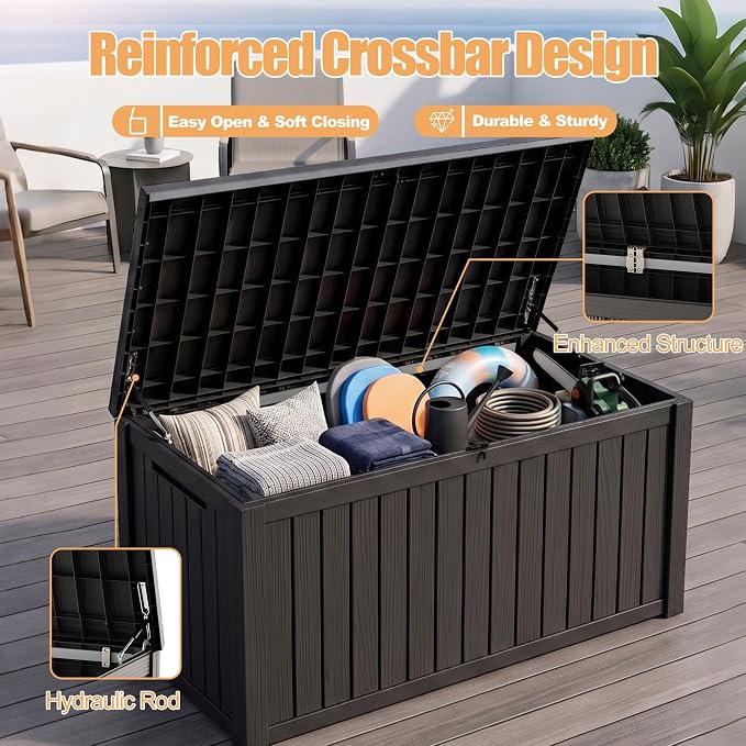 230 Gallon Outdoor Storage Box, Large Resin Deck Box, Waterproof Lockable Storage Container Bins, Reinforced Stability for Patio, Garden and Poolside, Black
