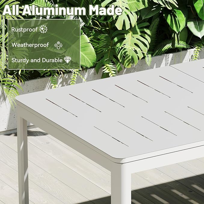 All Aluminum Expandable Patio Dining Table for 6-8 People, Extendable Outdoor Dining Room Table, All Weather Patio Furniture, Rectangular Metal Table with Adjustable Width 65"- 95", Ivory White
