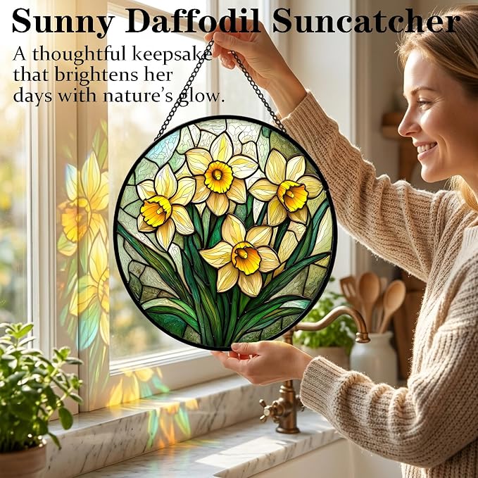Birthday Gifts for Women - Yellow Daffodils Faux Stained Glass Window Hanging Sun Catcher for Door Garden Acrylic Decor Mother's Day Christmas for Mom Men Nana Grandma Sisters 9.8"