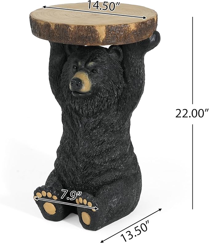 JIJIWANG Black Bear 3-in-1 Pedestal Side Table/End Table/Stool - MGO Hand Painted Sculpture Statue,No Assembly Required for Home,Living Room & Outdoor Decor (Black, 14.5" L x 13.5" W x 22" H)
