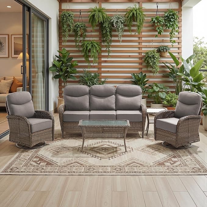 Luxury 6-Inch Cushion Patio Furniture Set, High Back Outdoor Swivel Rocker Patio Chairs with Outdoor Couch, Outdoor Wicker Conversation for Deck Porch Garden Balcony Poolside Gray Cushion