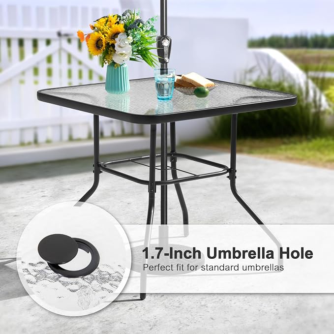 NUU GARDEN 31.5" Square Patio DiningTable, Patio Table with Umbrella Hole, Patio Dining Table with Tempered Glass, Outdoor Dining Tables, Square Patio Table for Balcony,Black