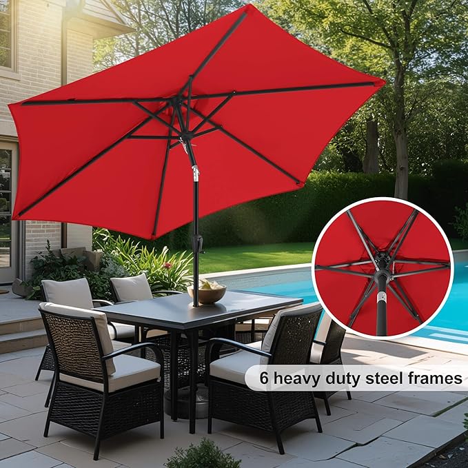 FLAME&SHADE 10ft Patio Umbrella - Outdoor Umbrella with 6 Sturdy Ribs, Push Button Tilt and Crank, UV Protection Table Market Umbrella for Pool, Porch，Garden, Deck, Backyard(Red)