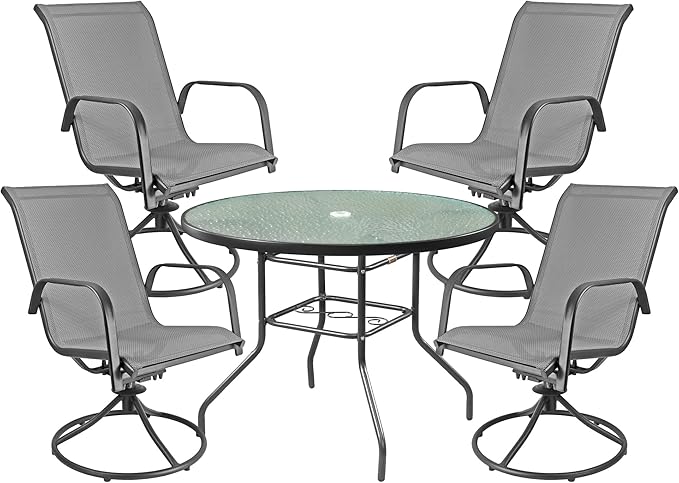Garden Elements Sienna Outdoor Collection Patio Set, 40-inch Glass Top Steel Table with 4 Chairs, Gray (5-Piece Set)