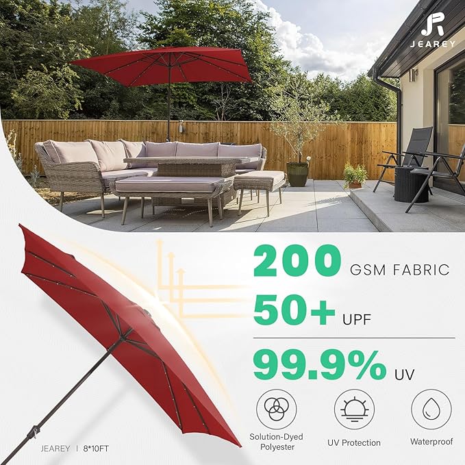 JEAREY 8x10 ft Rectangular LED Lighted Patio Umbrellas Outdoor Solar Table Market Umbrella w/Crank, 8 Sturdy Ribs, UV Protection Waterproof Sunproof(Red)