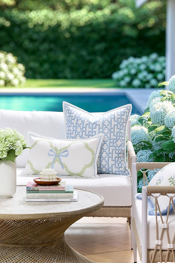 Hofdeco Premium Grandmillennial Coastal Hampton Patio Indoor Outdoor Throw Pillow Cover Only, 20"x20" Water Repellent for Backyard, Couch, Poolside, Baby Blue Print Fretwork Trellised Screen