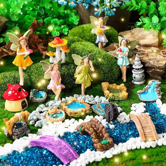 Unittype 19 Pcs Fairy Garden Accessories Outdoor Miniature Flower Fairy Figurines Bridge Mushroom Lighthouse Water Well Pond Garden Decorations
