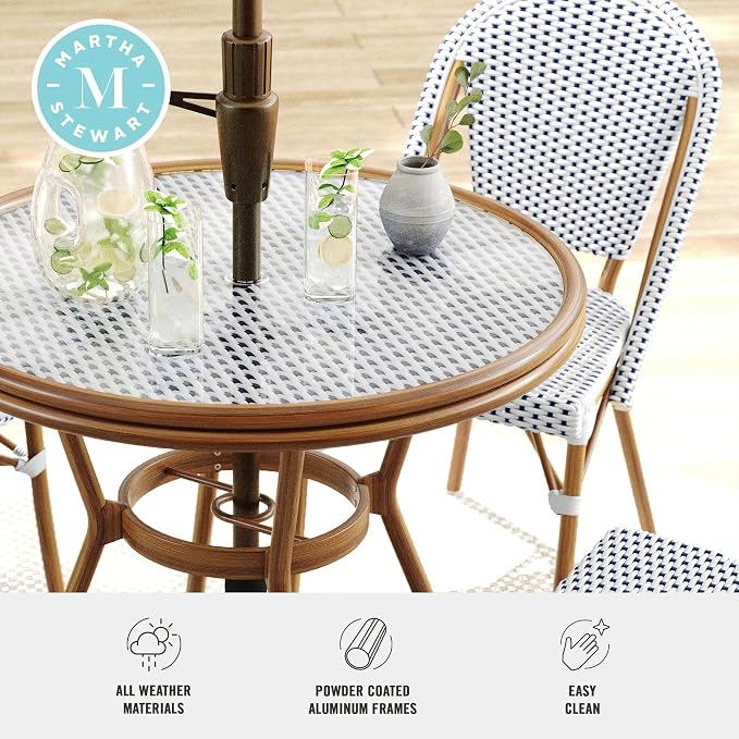 Martha Stewart Lily Pond 31” Round Indoor-Outdoor Bistro Dining Table with Aluminum Frame in Natural Woodgrain and Rattan Top in White/Navy with Tempered Glass Top