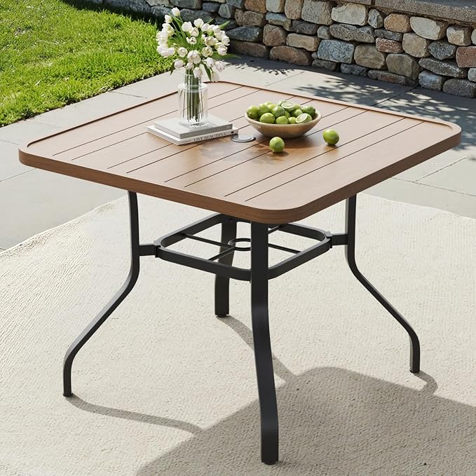Soohow Outdoor Patio Dining Table with 1.57" Umbrella Hole, 35"x35" Wood-Like Texture, All-Weather Metal Frame for Poolside, Deck, Porch