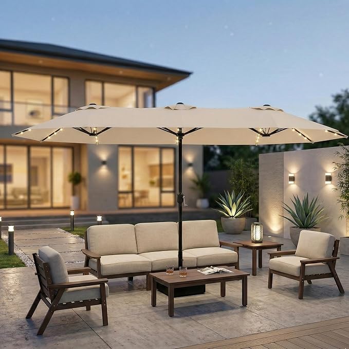 15ft Large Patio Umbrella with Solar Lights and Base, Double-Sided Outdoor Rectangle Umbrella with 48 LED Lights, Market Table Umbrellas with UV Resistant Canopy