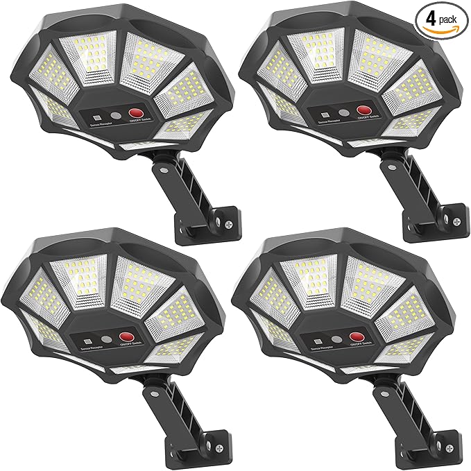 OKPRO Solar Lights Outdoor, 168LED 6500K Flood Light Dusk to Dawn, 8 Sides Solar Outdoor Lights with Motion Sensor, IP66 Waterproof Solar Street Lights Outdoor for Yard, Pools(4 Pack)