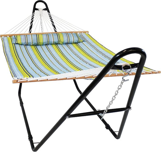 Sunnydaze Quilted Double Hammock with Stand for Outside - 440 lb Capacity Universal Black Steel Stand - UV Resistant, Quick Dry Fabric - Pillow, Chains, and Hardware Included - Blue and Green