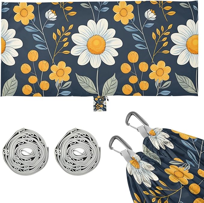 Floral Chamomile Pattern Dark Blue 330lb Capacity Outdoor Hammocks with Hanging Rope Portable Hammock for Indoor Outdoor Patio Bases para hamacas para adultos