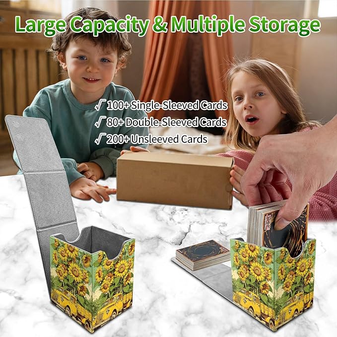 Sunflower Truck Card Deck Box for MTG, Personalized Card Storage Case Fits 120+ Sleeved Cards, Premium Leather TCG Box with Strong Magnetic Closure for Magic, CCG, PTCG, Baseball Cards