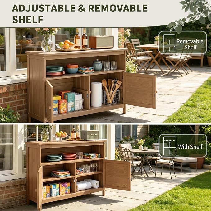 HIPS All-Weather Outdoor Storage Cabinet,Outdoor Sideboard with Magnetic Doors,3-Shelves Patio Storage Cabinet, Used for Garden,Buffet Cabinet,TV Stand, Bar Table,Balcony