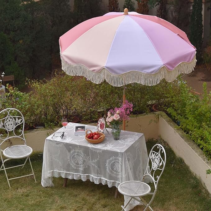LAGarden Fringe Patio Umbrella with Carry Bag & Cover Vintage Wood for Event Outdoor Garden Yard Wedding Bistro Table