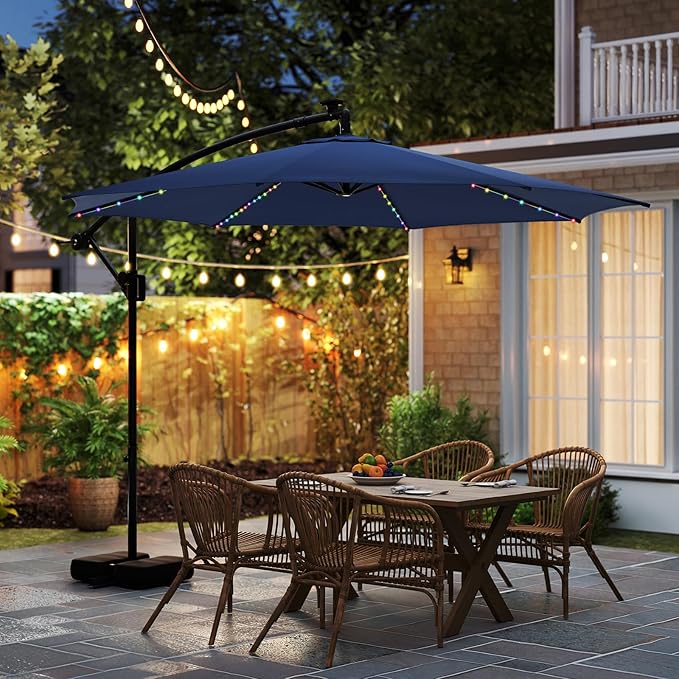 Tangkula 10 FT Solar Patio Umbrella with Base Included, Cantilever Offset Hanging Outdoor Umbrella with 96 Multi-Colored Flowing LED Lights, 9 Modes, Tilt Adjustment, 360° Rotation, Crank for Pool Yard Deck Lawn (Navy)