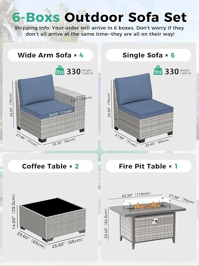 13 Piece Outdoor Wicker Rattan Sectional Sofa Set with 55,000 BTU Fire Pit Table, 10-Seats with 4" Thickened Cushions & Coffee Table, All-Weather PE Rattan for Garden, Backyard, Porch, Blue