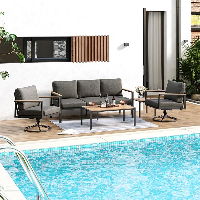 Patio Conversation Set, 5 Pcs Outdoor Furniture with 3-Seater Sofa, 2 Single Rotate 360° Chairs, Coffee Table and End Table, 5 Seats Couch with Washable Thick Cushions for Backyard Porch Balcony