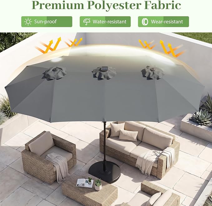 Tangkula 13 Ft Solar Patio Umbrella, Double-Sided Extra Large Outdoor Market Table Umbrella with 36 LED Lights, Crank Handle, 12 Sturdy Ribs for Poolside, Garden & Backyard (Gray)