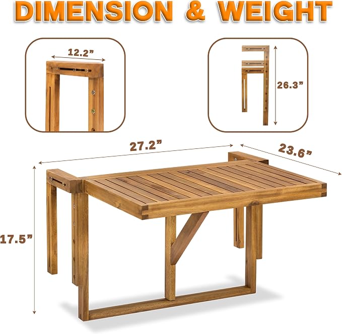 VICTORY RELAX Hanging Balcony Table - Foldable Acacia Wood Patio Table - Small Outdoor Workspace & Dining Table for Balcony Furniture - Temporary Workspace - Natural Color (27.2 x 23.6 x 17.5 Inches)